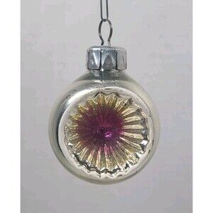 Vintage East Germany Indent Reflector 2" Glass Christmas Ornament Silver & pink